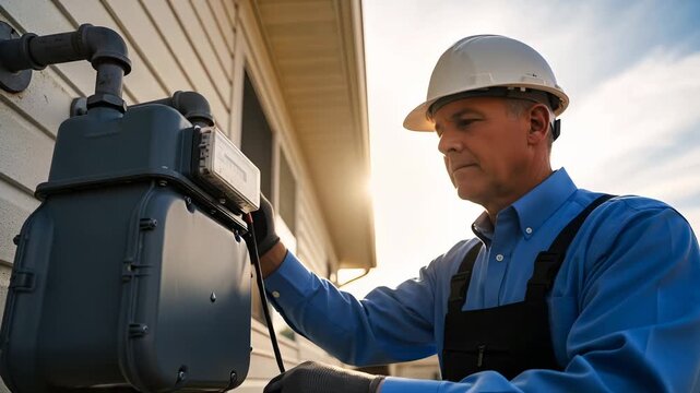 Mature caucasian serviceman in hard hat checks gas meter on house siding, gasification maintenance footage.