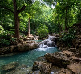 Naklejka premium Lush waterfall scene. Turquoise water cascades down mossy rocks amidst dense green forest and trees under a partially cloudy sky