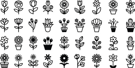 Elegant collection of minimalistic flower and plant icons in black and white, perfect for digital design, botany themes, and decorative graphic elements for diverse projects