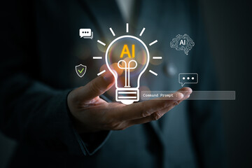 A business professional holding lightbulb with AI and brain, chat, shield and command prompt. AI powered innovation, creative thinking, intelligent conversation and secure digital transformation.