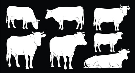 Elegant white cow outlines against black backdrop for modern farm or agricultural designs and branding