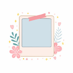 A blank polaroid photo decorated with floral elements, hearts, and stars, ready for an image.