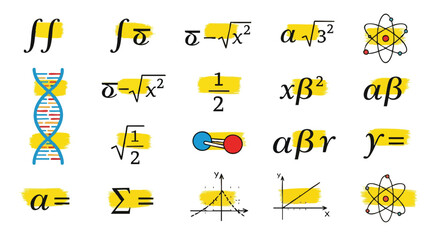 Dynamic science and math symbols represent complex concepts like DNA, atoms, calculus, and algebra for educational and research themes.