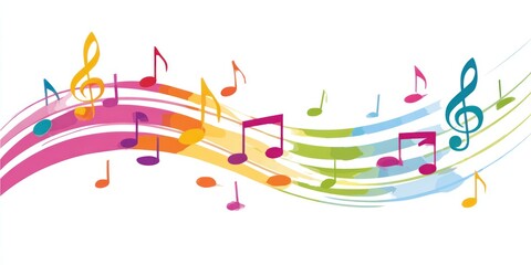 Colorful musical notes float above a wavy painted stripe design, against a white backdrop, embodying a vibrant and artistic musical expression