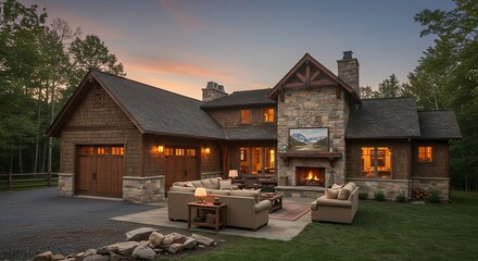 Modern rustic home exterior at dusk
