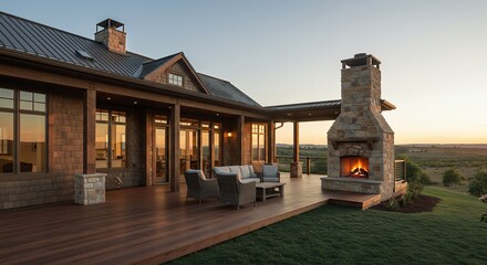 Modern rustic home exterior sunset view