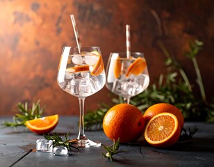 Refreshing orange cocktails on rustic background