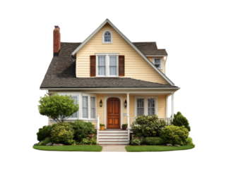 Yellow clapboard house with brick chimney and green landscaping exterior, Isolated, Png Transparent Background