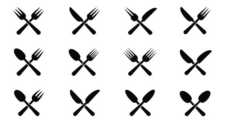 Black cutlery set including forks knives and spoons in a grid pattern