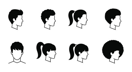 Diverse collection of simple black and white head silhouette icons shown in profile