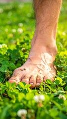 Barefoot man walks through green grass
