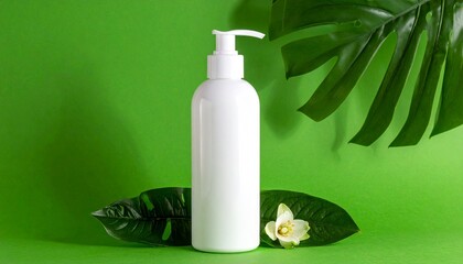 Bottle of liquid soap with pump dispenser on green background