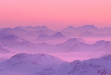 A serene mountain landscape bathed in the soft hues of a pink and purple sunrise, with snow-capped peaks rising above a misty valley floor