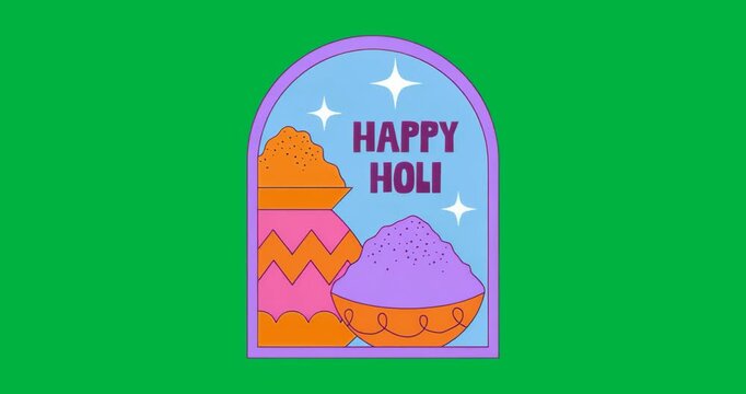 Holi greeting standing still within arch frame on clear backdrop, featuring powder containers