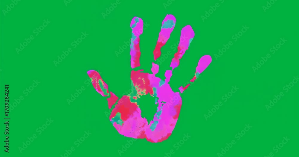Poster starting handprint pulsing through chromatic hues on transparent pixel noise showing color shifts