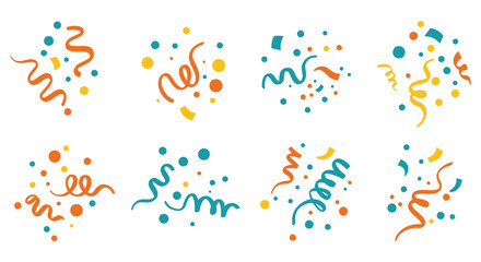 Colorful confetti and streamers scattered across a white background illustration