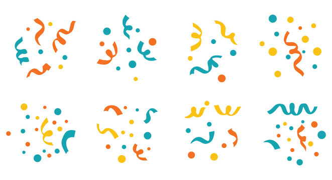 Colorful confetti and streamers scattered across a plain white background