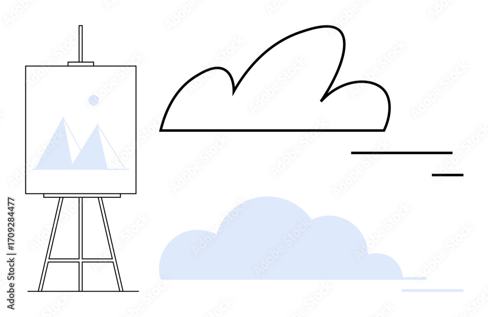 Aufkleber canvas displayed on an easel with geometric mountain graphics, surrounded by single-line and shaded 