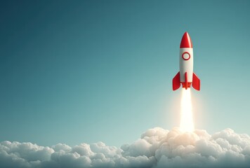 Red and white rocket launching into a gradient blue sky, leaving a trail of light and puffy white clouds. Symbolic representation