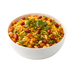 White Bowl Overflowing With Indian Savory Snack Mixture With Beans and Herbs food