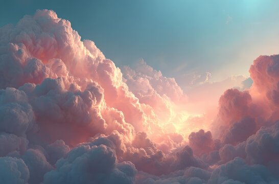 Dreamy sky with fluffy pink clouds, illuminated by a soft, golden light, creating a tranquil and ethereal atmosphere