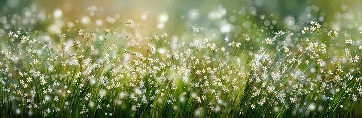 Sun-dappled field of small white flowers with grass, bathed in light with ethereal bokeh effects on a green and yellow background