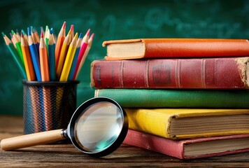 Stack of books with colorful pencils and a magnifying glass on wooden surface, set against a green chalkboard with chalk doodles