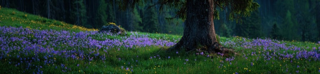A serene field of purple wildflowers blankets a verdant hillside, anchored by a large, solitary tree against a backdrop of lush, dark forest
