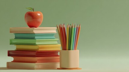 Stack of pastel-colored books with an apple on top and colored pencils, all against a solid light green background, creating a school theme