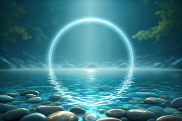 Glowing neon circle over calm water with smooth stones isolated on white background