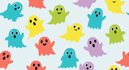 A whimsical pattern of many colorful cartoon ghosts with various expressions on a light blue background, perfect for Halloween or playful designs.