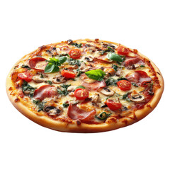 Round pizza with ham, mushrooms, basil, and cherry tomatoes