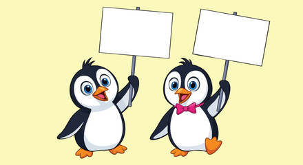 Cheerful cartoon penguins holding blank signs ready for your message or adorable animal promotion