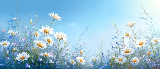 A serene field of white daisies and delicate blue flowers dances under a bright, airy blue sky bathed in sunshine