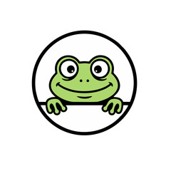 Silly Funny Frog Logo Peeking Over a Circle, Simple Outline Style