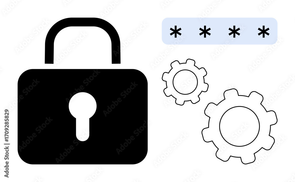 Aufkleber lock symbol, password field with asterisks, and two gears symbolize online security, encryption, acc