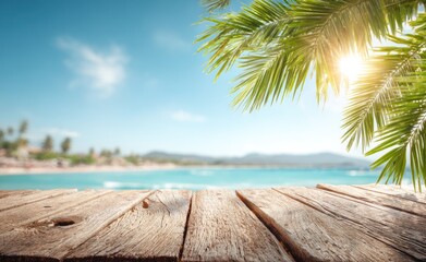 Sun shines through palm fronds over a blurred beach scene from a weathered wood surface, evoking summer vacations and tropical relaxation