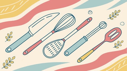 Stylized Kitchen Utensils in Pastel Colors with Decorative Elements