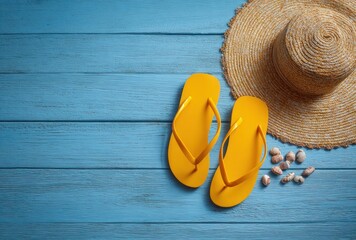 Sunny summer scene A straw hat, yellow flip-flops, and small shells rest on a bright blue wood background, perfect for a beach vacation vibe