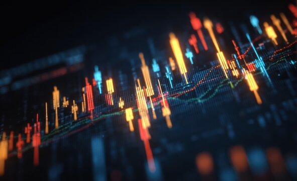 Abstract glowing candlestick chart with red, orange, and blue hues creates a sense of fluctuating digital data flow on a dark background