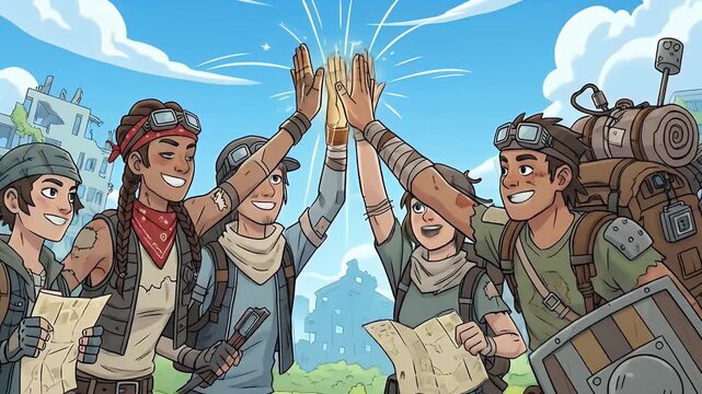 Cartoon friends celebrating together for breast cancer awareness