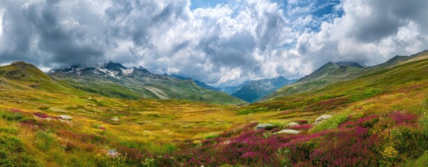 Mountain meadow landscape with wildflowers under a partly cloudy sky, leading to distant peaks. Beautiful serene scene