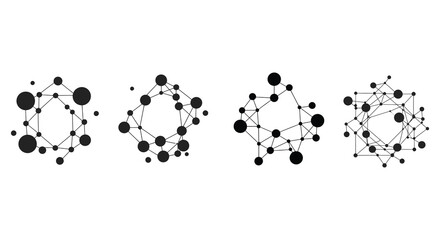 A series of interconnected network diagrams with varying node complexity
