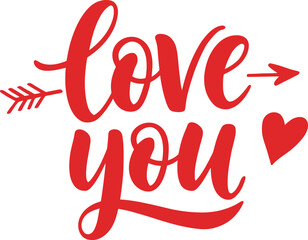 Red handwritten love you calligraphy with arrow and heart on transparent background