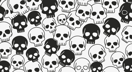 A seamless pattern of scattered black and white cartoon skulls, some filled in black and others outlined in white, creating a spooky and playful design.