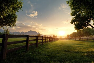 Sunset over a green field bordered by trees & a wooden fence, with mountains in the distance, bathed in golden light