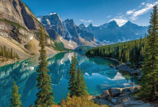 Serene mountain lake surrounded by tall peaks & lush green forests, reflecting snow-capped mountains. Blue sky above