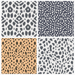 Nahtlose Tiermuster-Set, Säugetiere, Fell, Sammlung von Druckfellen, Raubtiere, Tarnung, Gepard, Giraffe, Zebra, Leopard, Holsteiner Rind, Schlange, Jaguar, druckbarer Hintergrund, 4
