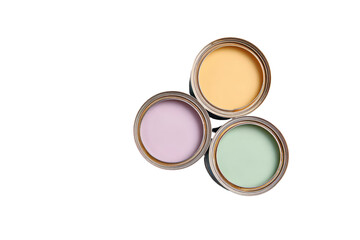 Naklejka premium Three paint cans, pastel colors, arranged in a triangle