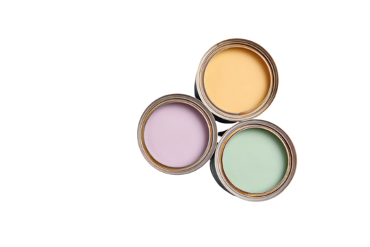 Three paint cans, pastel colors, arranged in a triangle